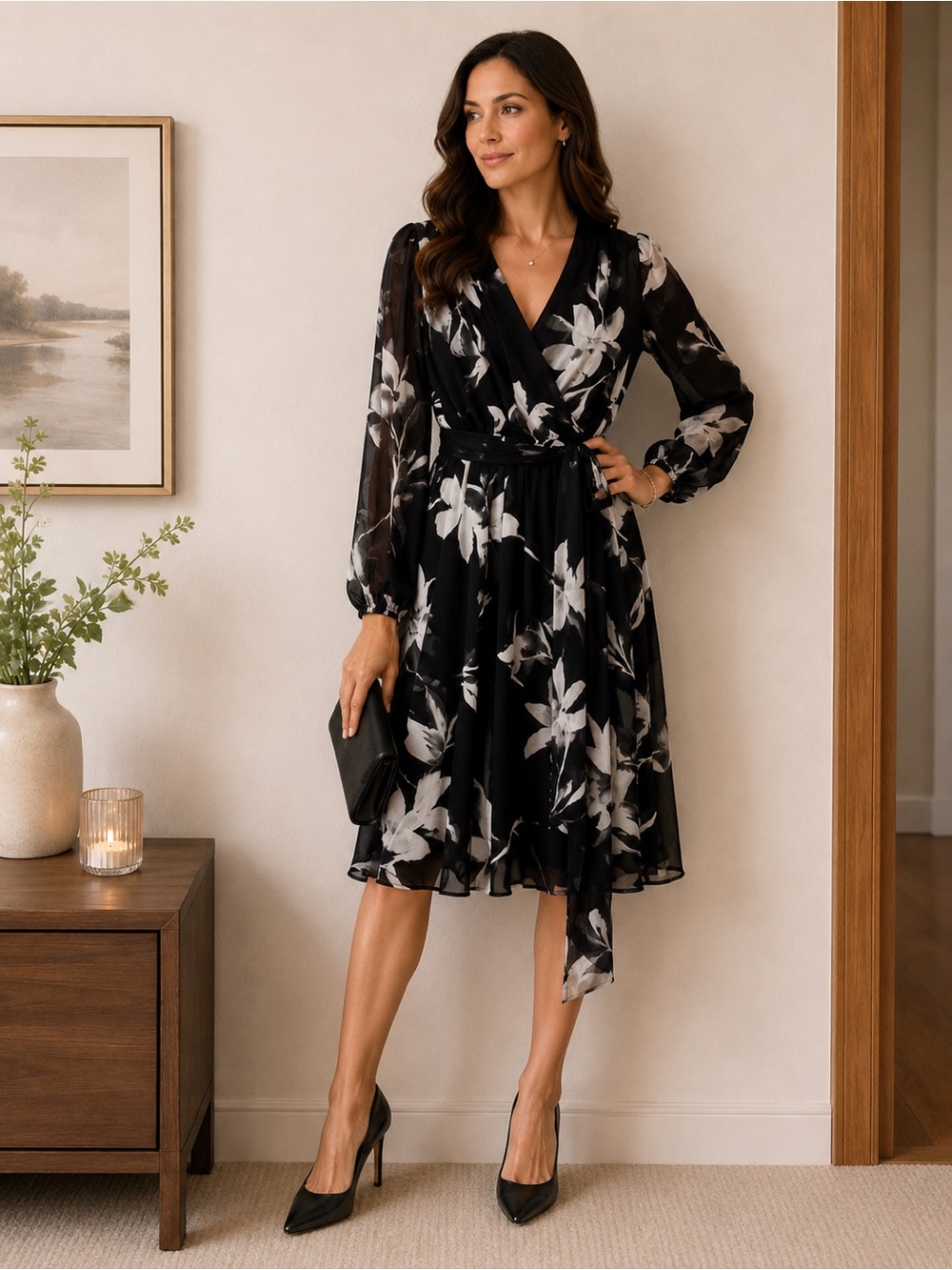 Black Floral Wrap Dress with White Bloom Print